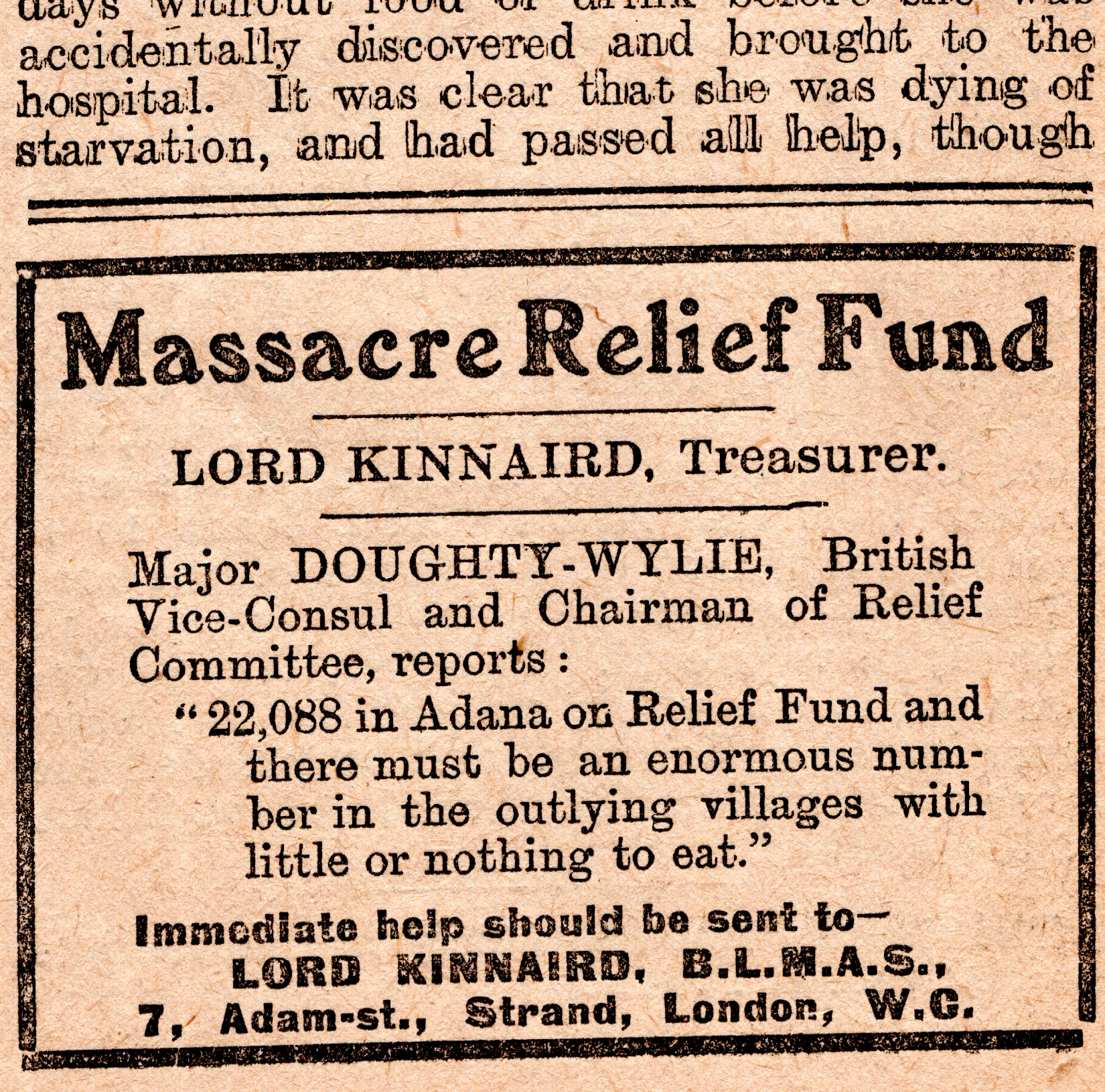 Newspaper ad for a Massacre Relief Fund