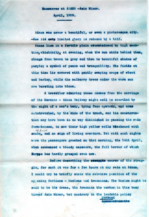 A blue typewritten piece of paper headed 'Massacres at Adana - Asia Minor, April 1909